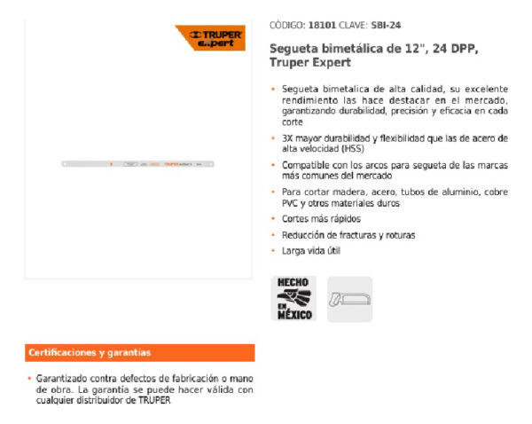 Paquete 50 Segueta Bimetálica Para Arco 12'' 24 Dpp 18101 - AM Aceros