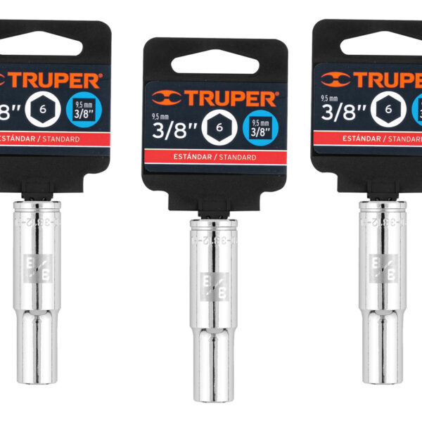 Dado Largo Standar 6 Puntas Cuadro 3/8 X 3/8 Truper 3 Pz