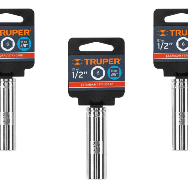 Dado Largo Standar 6 Puntas Cuadro 3/8 X 1/2 Truper 3 Pz