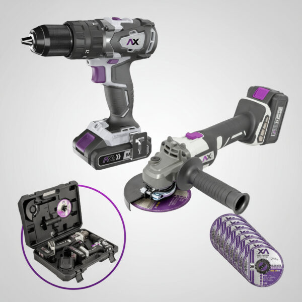 Ax Tech Taladro Y Esmeril Inalámbricos 2 Pilas Y 10 Discos